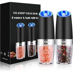 Sweet Alice Gravity - Juego de molinillo de pimienta y sal eléctrico de acero inoxidable, de grosor ajustable, funciona con baterías, con luz LED, operación automática de una mano (negro, 2 unidades)
