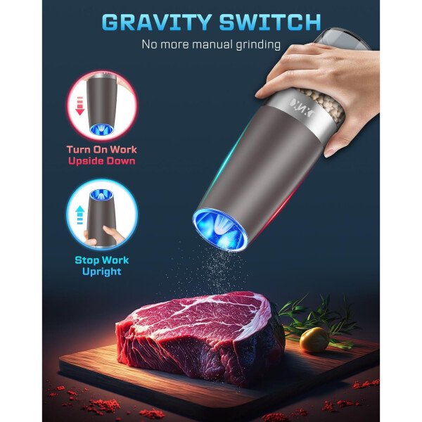 Sweet Alice Gravity - Juego de molinillo de pimienta y sal eléctrico de acero inoxidable, de grosor ajustable, funciona con baterías, con luz LED, operación automática de una mano (negro, 2 unidades) - Imagen 9