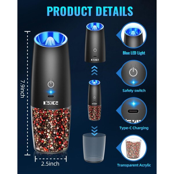 Sweet Alice Gravity - Juego de molinillo de pimienta y sal eléctrico de acero inoxidable, de grosor ajustable, funciona con baterías, con luz LED, operación automática de una mano (negro, 2 unidades) - Imagen 11