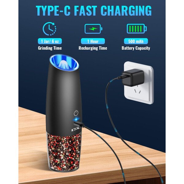 Sweet Alice Gravity - Juego de molinillo de pimienta y sal eléctrico de acero inoxidable, de grosor ajustable, funciona con baterías, con luz LED, operación automática de una mano (negro, 2 unidades) - Imagen 12