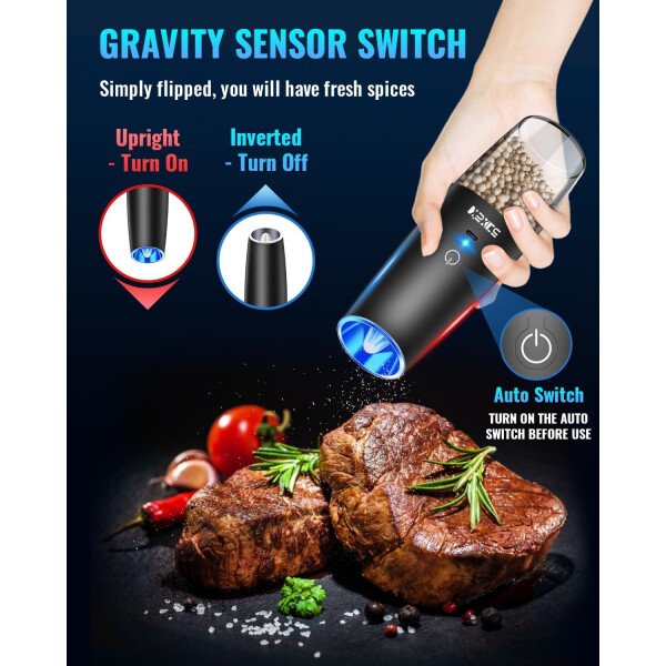 Sweet Alice Gravity - Juego de molinillo de pimienta y sal eléctrico de acero inoxidable, de grosor ajustable, funciona con baterías, con luz LED, operación automática de una mano (negro, 2 unidades) - Imagen 13