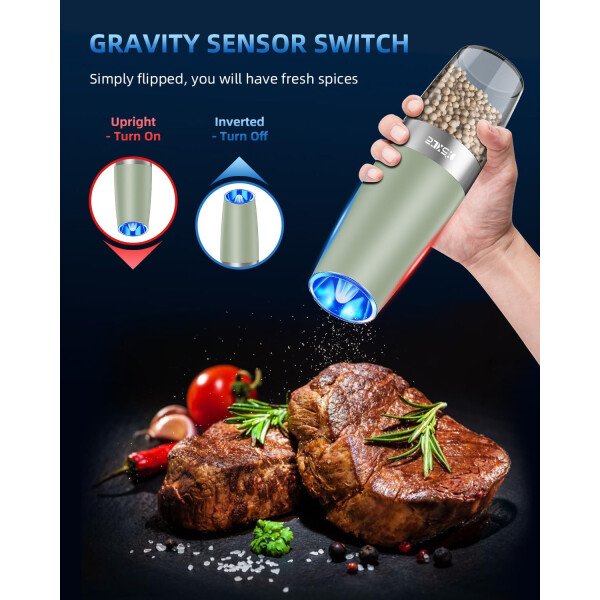 Sweet Alice Gravity - Juego de molinillo de pimienta y sal eléctrico de acero inoxidable, de grosor ajustable, funciona con baterías, con luz LED, operación automática de una mano (negro, 2 unidades) - Imagen 21