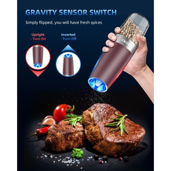 Sweet Alice Gravity - Juego de molinillo de pimienta y sal eléctrico de acero inoxidable, de grosor ajustable, funciona con baterías, con luz LED, operación automática de una mano (negro, 2 unidades) - Imagen 28