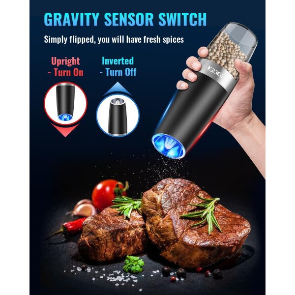 Sweet Alice Gravity - Juego de molinillo de pimienta y sal eléctrico de acero inoxidable, de grosor ajustable, funciona con baterías, con luz LED, operación automática de una mano (negro, 2 unidades) - Imagen 42