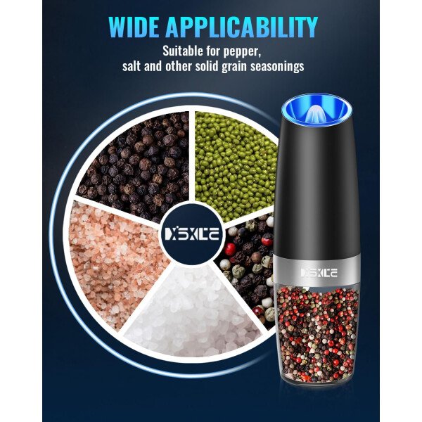 Sweet Alice Gravity - Juego de molinillo de pimienta y sal eléctrico de acero inoxidable, de grosor ajustable, funciona con baterías, con luz LED, operación automática de una mano (negro, 2 unidades) - Imagen 44