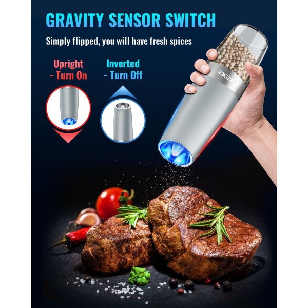 Sweet Alice Gravity - Juego de molinillo de pimienta y sal eléctrico de acero inoxidable, de grosor ajustable, funciona con baterías, con luz LED, operación automática de una mano (negro, 2 unidades) - Imagen 49