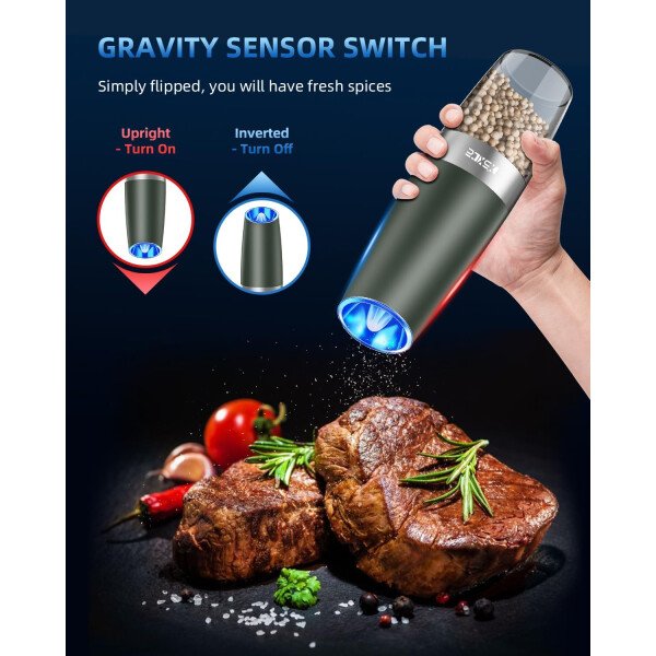 Sweet Alice Gravity - Juego de molinillo de pimienta y sal eléctrico de acero inoxidable, de grosor ajustable, funciona con baterías, con luz LED, operación automática de una mano (negro, 2 unidades) - Imagen 56