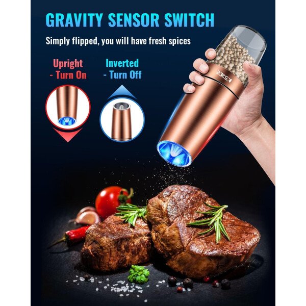Sweet Alice Gravity - Juego de molinillo de pimienta y sal eléctrico de acero inoxidable, de grosor ajustable, funciona con baterías, con luz LED, operación automática de una mano (negro, 2 unidades) - Imagen 62