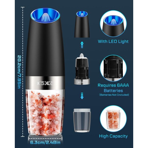 Sweet Alice Gravity - Juego de molinillo de pimienta y sal eléctrico de acero inoxidable, de grosor ajustable, funciona con baterías, con luz LED, operación automática de una mano (negro, 2 unidades) - Imagen 67