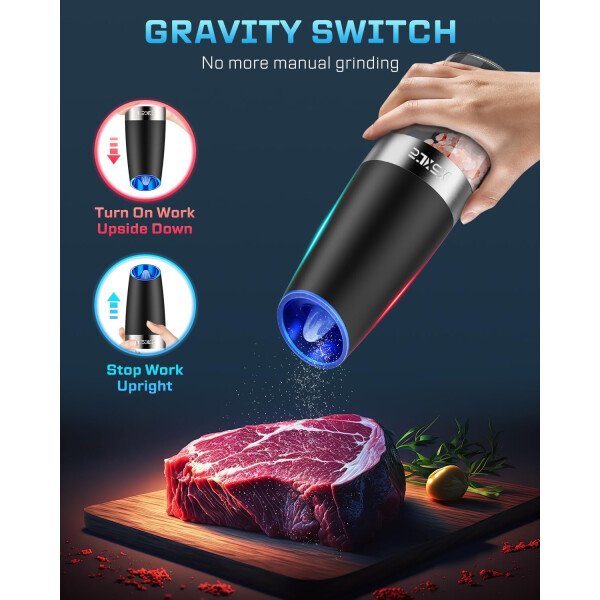 Sweet Alice Gravity - Juego de molinillo de pimienta y sal eléctrico de acero inoxidable, de grosor ajustable, funciona con baterías, con luz LED, operación automática de una mano (negro, 2 unidades) - Imagen 69