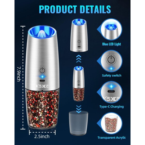 Sweet Alice Gravity - Juego de molinillo de pimienta y sal eléctrico de acero inoxidable, de grosor ajustable, funciona con baterías, con luz LED, operación automática de una mano (negro, 2 unidades) - Imagen 76