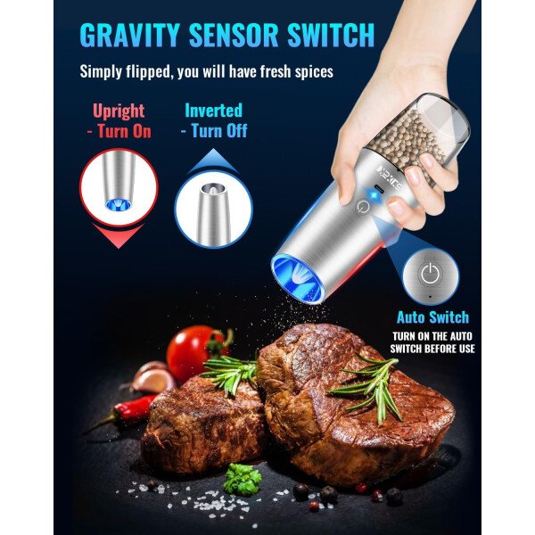 Sweet Alice Gravity - Juego de molinillo de pimienta y sal eléctrico de acero inoxidable, de grosor ajustable, funciona con baterías, con luz LED, operación automática de una mano (negro, 2 unidades) - Imagen 78