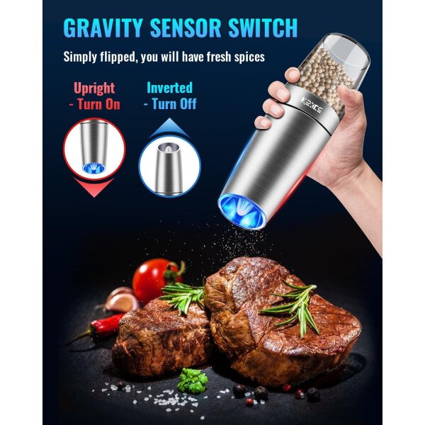 Sweet Alice Gravity - Juego de molinillo de pimienta y sal eléctrico de acero inoxidable, de grosor ajustable, funciona con baterías, con luz LED, operación automática de una mano (negro, 2 unidades) - Imagen 86