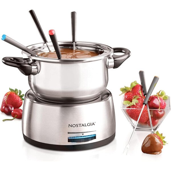 Nostalgia - Olla de fondue eléctrica de acero inoxidable para 6 tazas con control de temperatura, 6 tenedores codificados por color y olla extraíble, para chocolate, dulces, queso, salsas y más