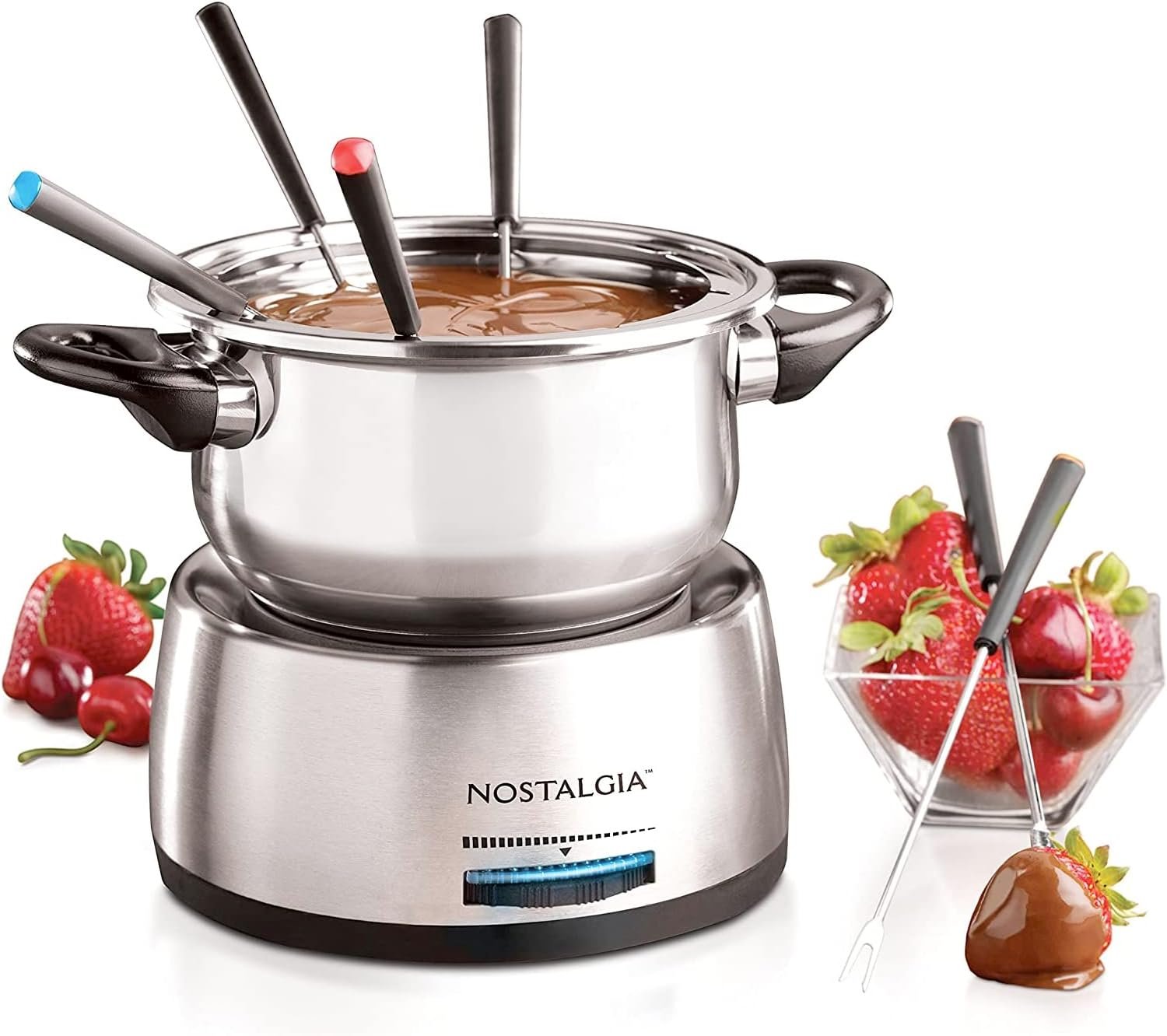 Nostalgia - Olla de fondue eléctrica de acero inoxidable para 6 tazas con control de temperatura, 6 tenedores codificados por color y olla extraíble, para chocolate, dulces, queso, salsas y más