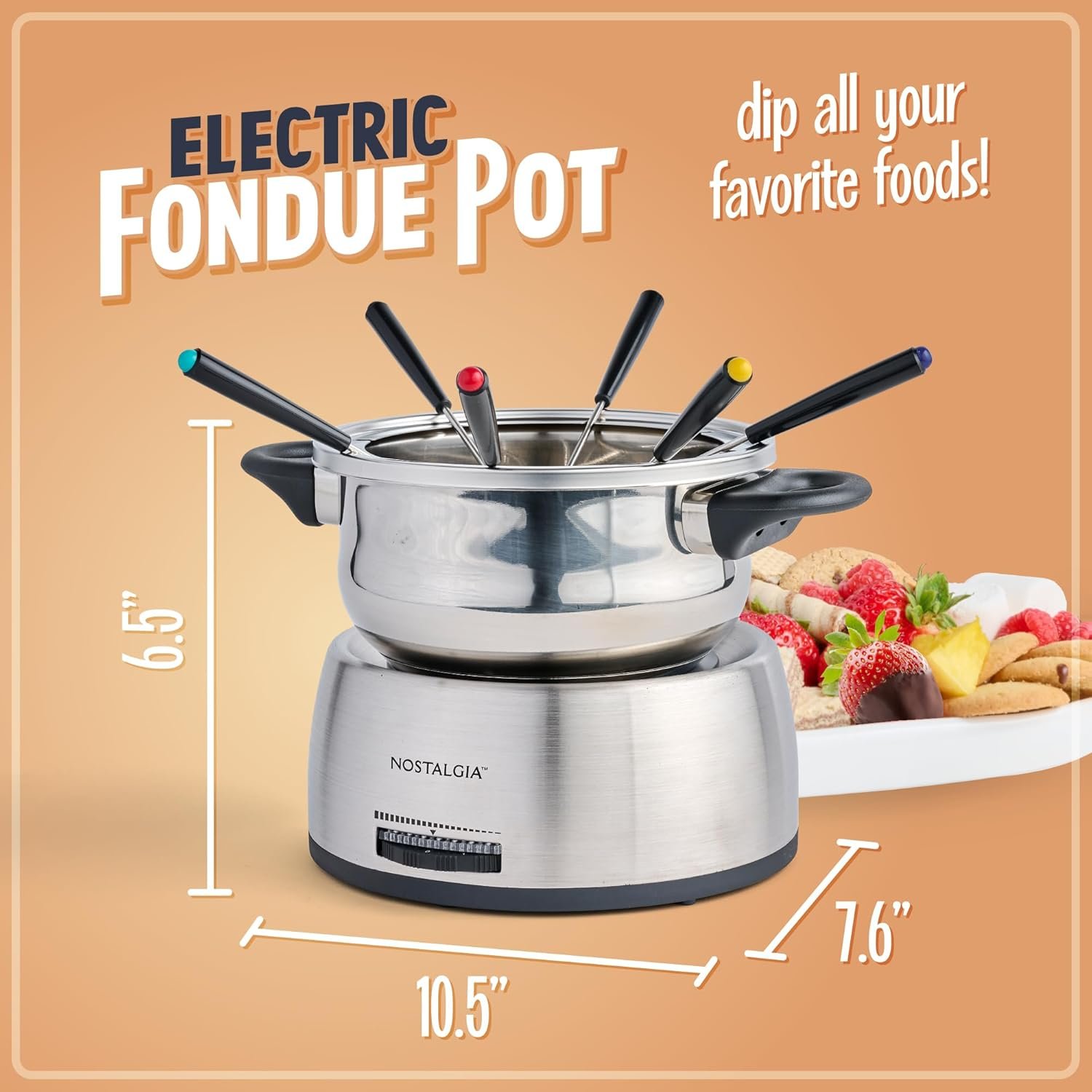 Nostalgia - Olla de fondue eléctrica de acero inoxidable para 6 tazas con control de temperatura, 6 tenedores codificados por color y olla extraíble, para chocolate, dulces, queso, salsas y más - Imagen 3