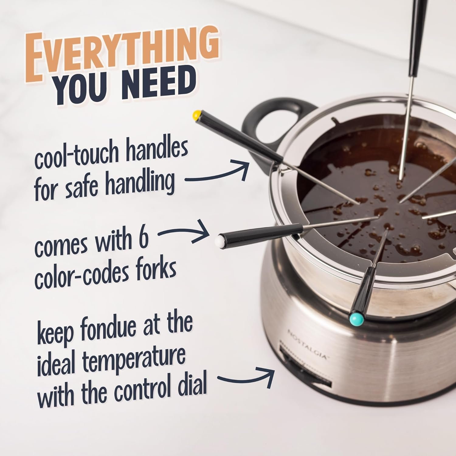 Nostalgia - Olla de fondue eléctrica de acero inoxidable para 6 tazas con control de temperatura, 6 tenedores codificados por color y olla extraíble, para chocolate, dulces, queso, salsas y más - Imagen 4
