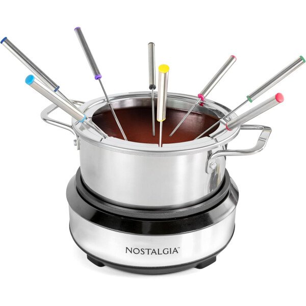Nostalgia - Olla de fondue eléctrica de acero inoxidable para 6 tazas con control de temperatura, 6 tenedores codificados por color y olla extraíble, para chocolate, dulces, queso, salsas y más - Imagen 8