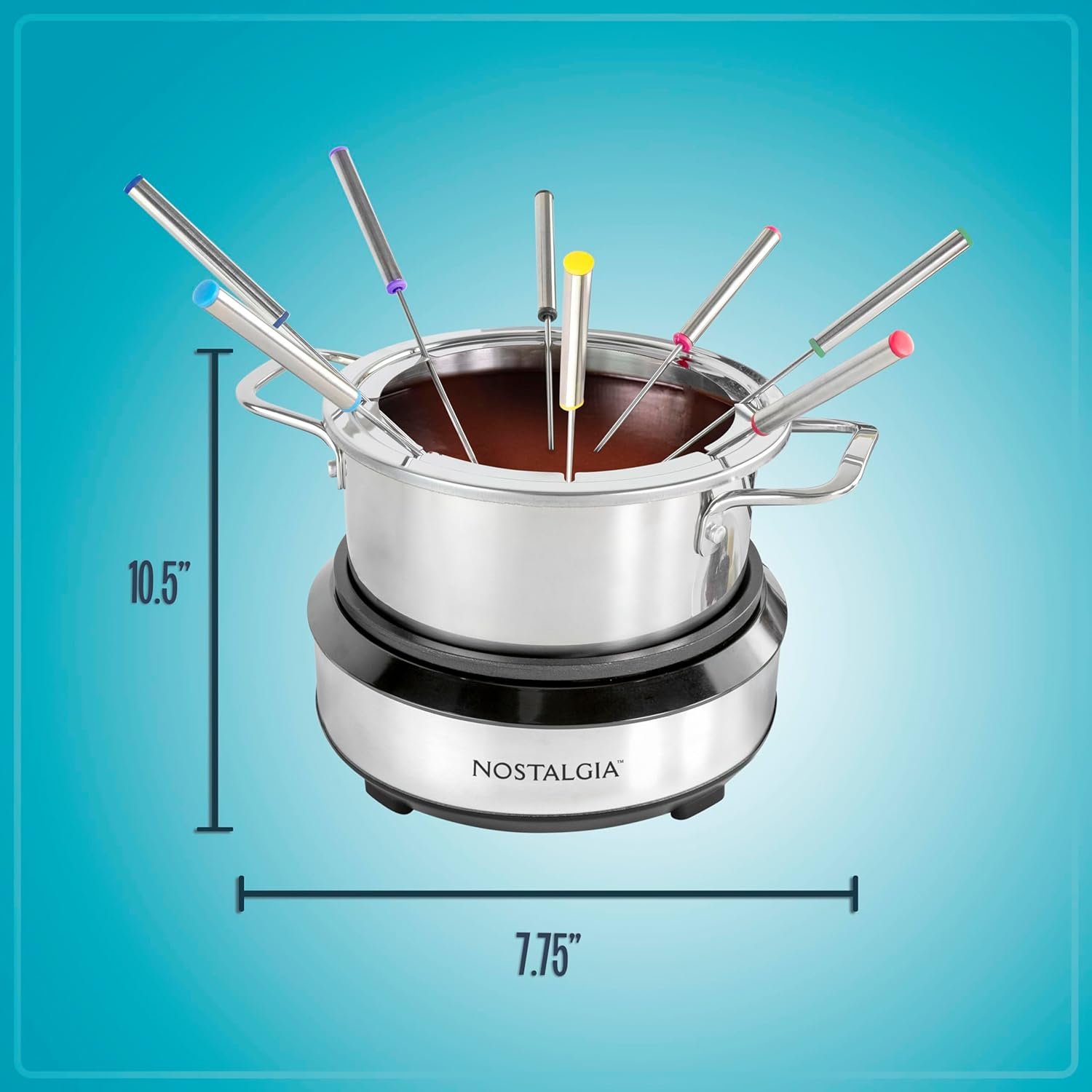 Nostalgia - Olla de fondue eléctrica de acero inoxidable para 6 tazas con control de temperatura, 6 tenedores codificados por color y olla extraíble, para chocolate, dulces, queso, salsas y más - Imagen 10