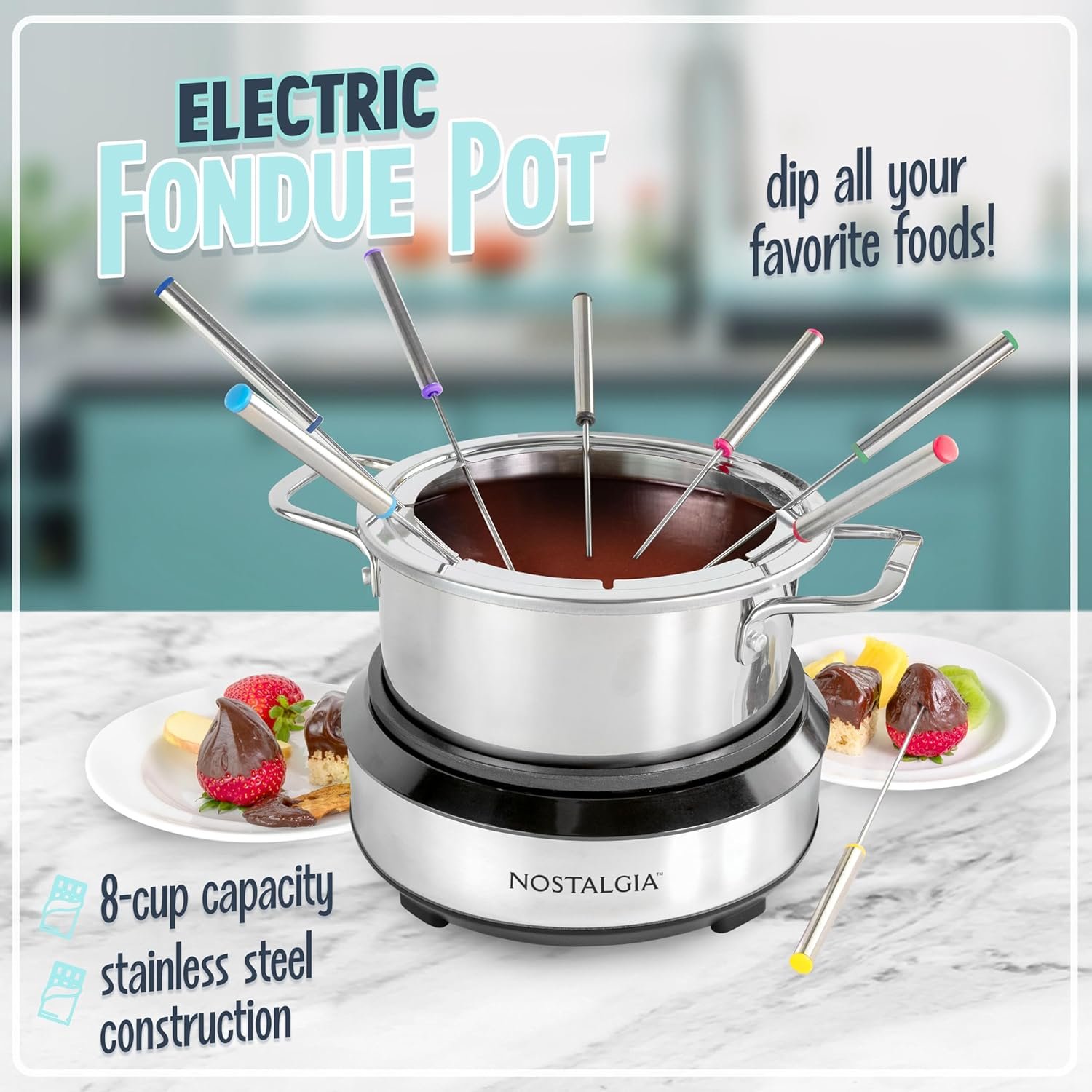 Nostalgia - Olla de fondue eléctrica de acero inoxidable para 6 tazas con control de temperatura, 6 tenedores codificados por color y olla extraíble, para chocolate, dulces, queso, salsas y más - Imagen 11