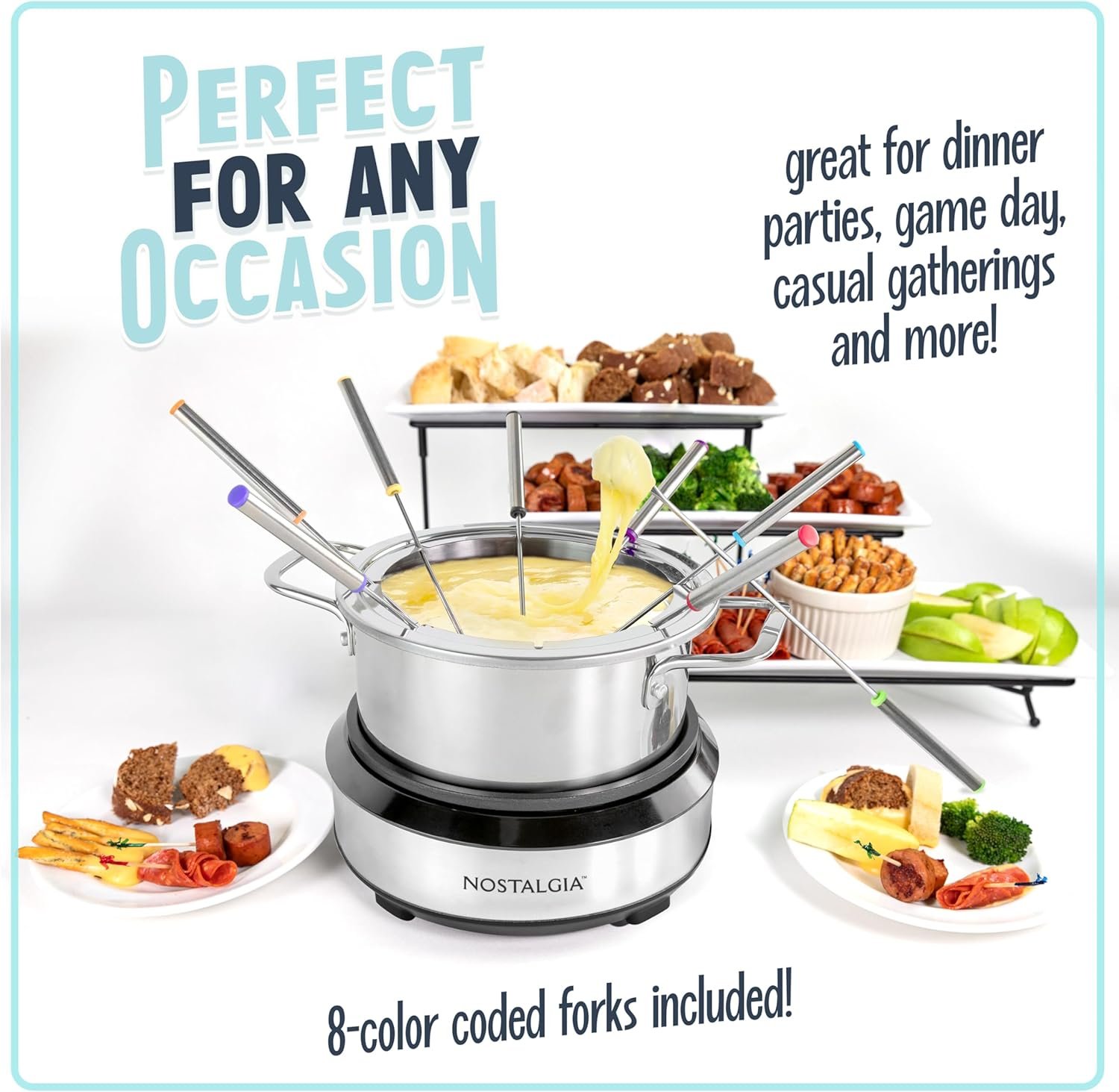 Nostalgia - Olla de fondue eléctrica de acero inoxidable para 6 tazas con control de temperatura, 6 tenedores codificados por color y olla extraíble, para chocolate, dulces, queso, salsas y más - Imagen 13