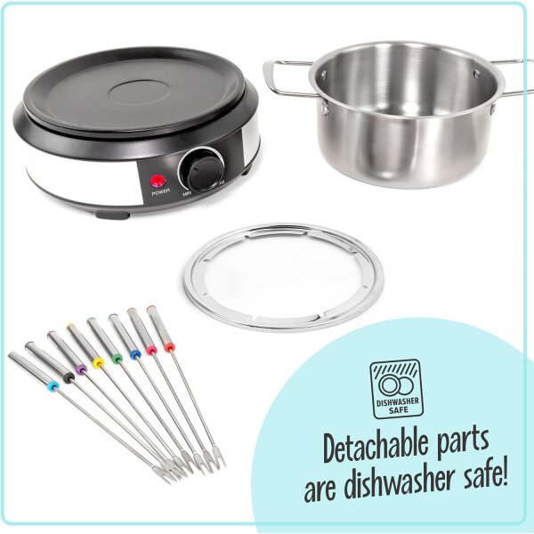 Nostalgia - Olla de fondue eléctrica de acero inoxidable para 6 tazas con control de temperatura, 6 tenedores codificados por color y olla extraíble, para chocolate, dulces, queso, salsas y más - Imagen 14