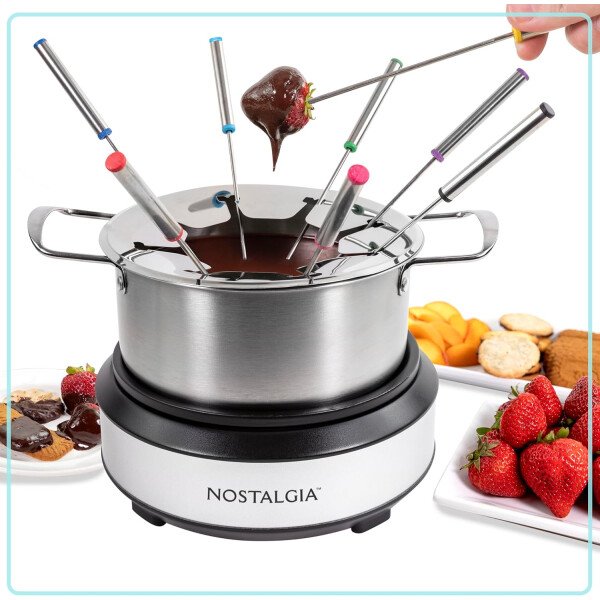 Nostalgia - Olla de fondue eléctrica de acero inoxidable para 6 tazas con control de temperatura, 6 tenedores codificados por color y olla extraíble, para chocolate, dulces, queso, salsas y más - Imagen 16