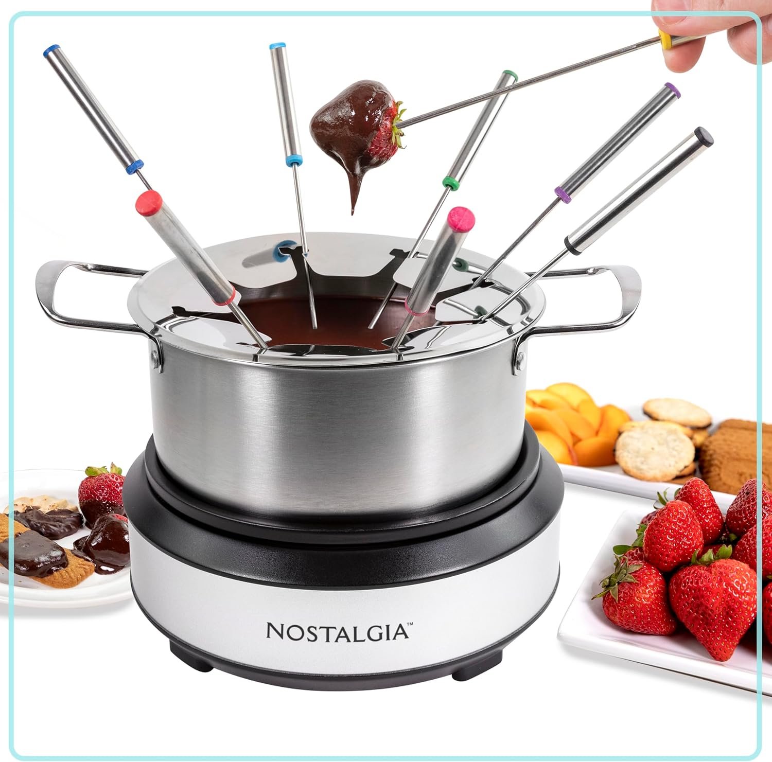 Nostalgia - Olla de fondue eléctrica de acero inoxidable para 6 tazas con control de temperatura, 6 tenedores codificados por color y olla extraíble, para chocolate, dulces, queso, salsas y más - Imagen 16