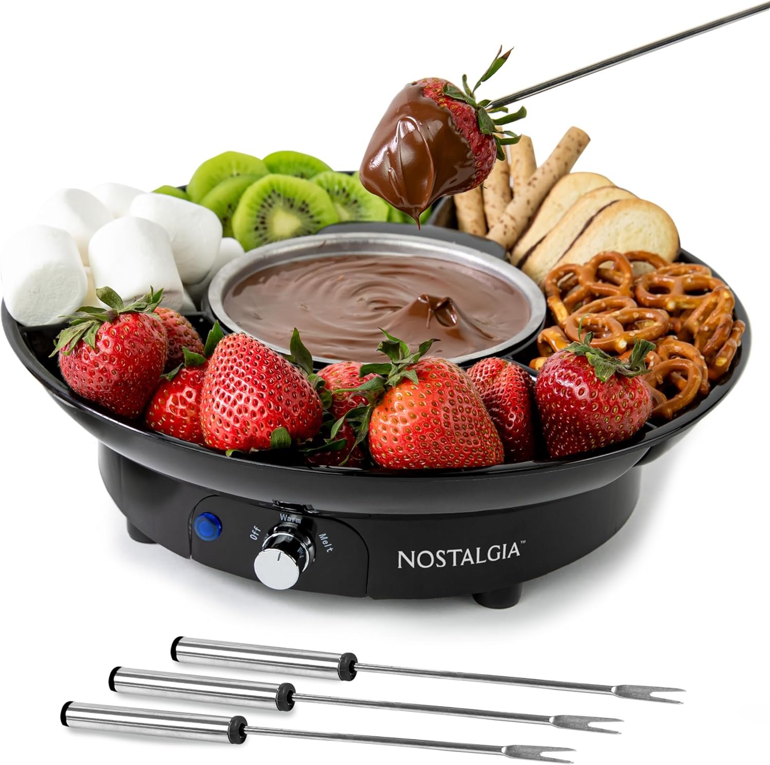 Nostalgia Juego de fondue eléctrico para fiestas, olla de fusión de 10 onzas, 4 tenedores para asar y bandeja desmontable para servir, queso derretido, chocolate o postre, perfecto para regalos
