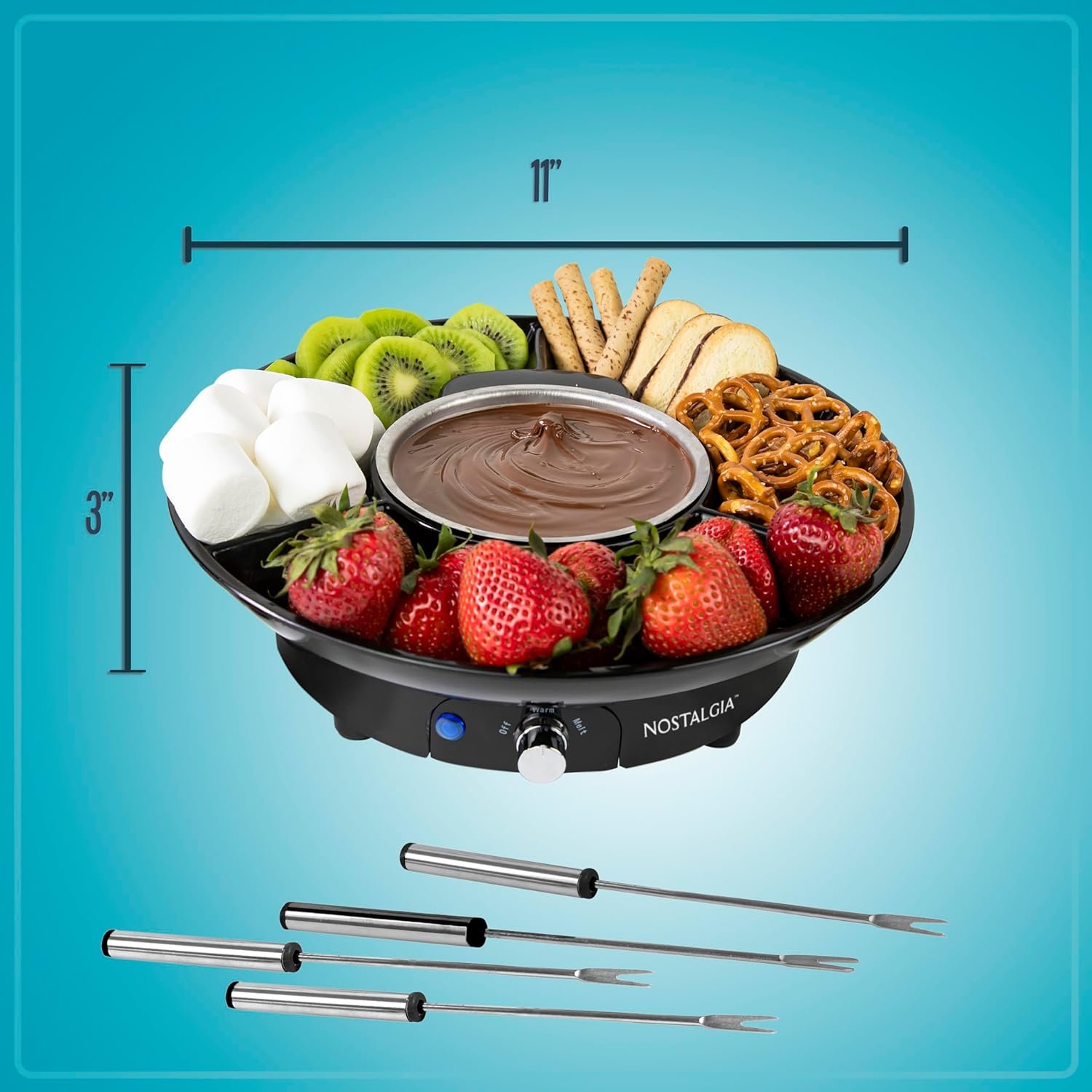 Nostalgia Juego de fondue eléctrico para fiestas, olla de fusión de 10 onzas, 4 tenedores para asar y bandeja desmontable para servir, queso derretido, chocolate o postre, perfecto para regalos - Imagen 2