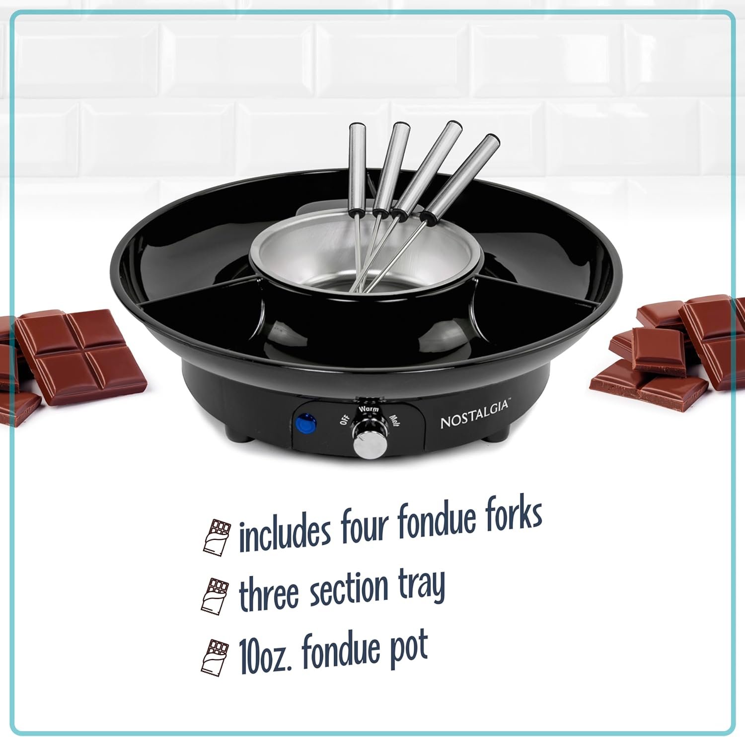 Nostalgia Juego de fondue eléctrico para fiestas, olla de fusión de 10 onzas, 4 tenedores para asar y bandeja desmontable para servir, queso derretido, chocolate o postre, perfecto para regalos - Imagen 4