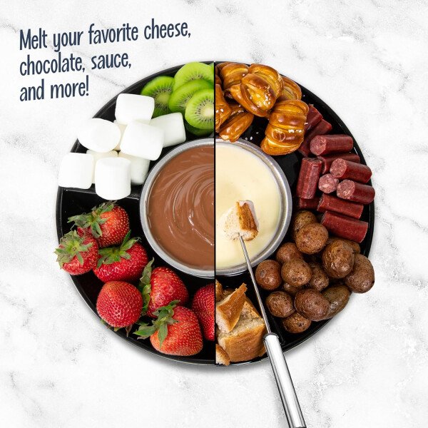 Nostalgia Juego de fondue eléctrico para fiestas, olla de fusión de 10 onzas, 4 tenedores para asar y bandeja desmontable para servir, queso derretido, chocolate o postre, perfecto para regalos - Imagen 5