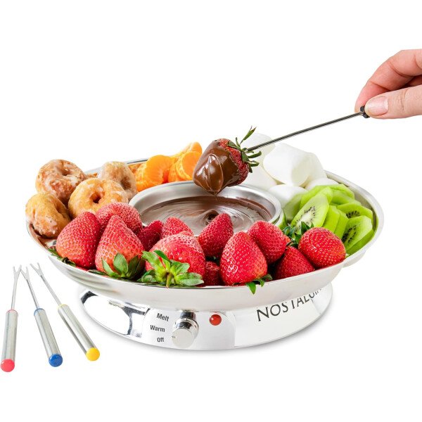 Nostalgia Juego de fondue eléctrico para fiestas, olla de fusión de 10 onzas, 4 tenedores para asar y bandeja desmontable para servir, queso derretido, chocolate o postre, perfecto para regalos - Imagen 8