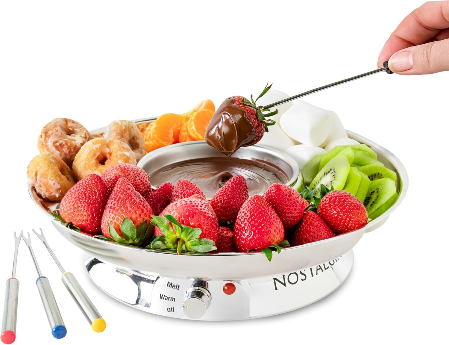Nostalgia Juego de fondue eléctrico para fiestas, olla de fusión de 10 onzas, 4 tenedores para asar y bandeja desmontable para servir, queso derretido, chocolate o postre, perfecto para regalos - Imagen 8