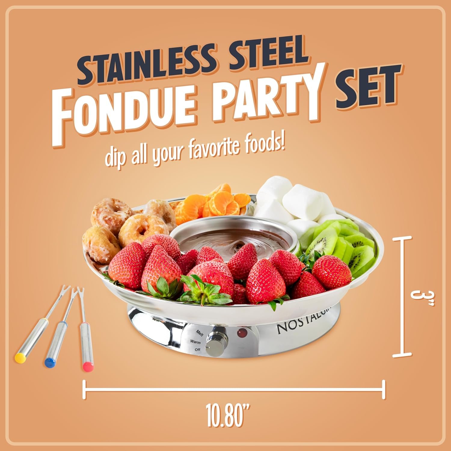 Nostalgia Juego de fondue eléctrico para fiestas, olla de fusión de 10 onzas, 4 tenedores para asar y bandeja desmontable para servir, queso derretido, chocolate o postre, perfecto para regalos - Imagen 10