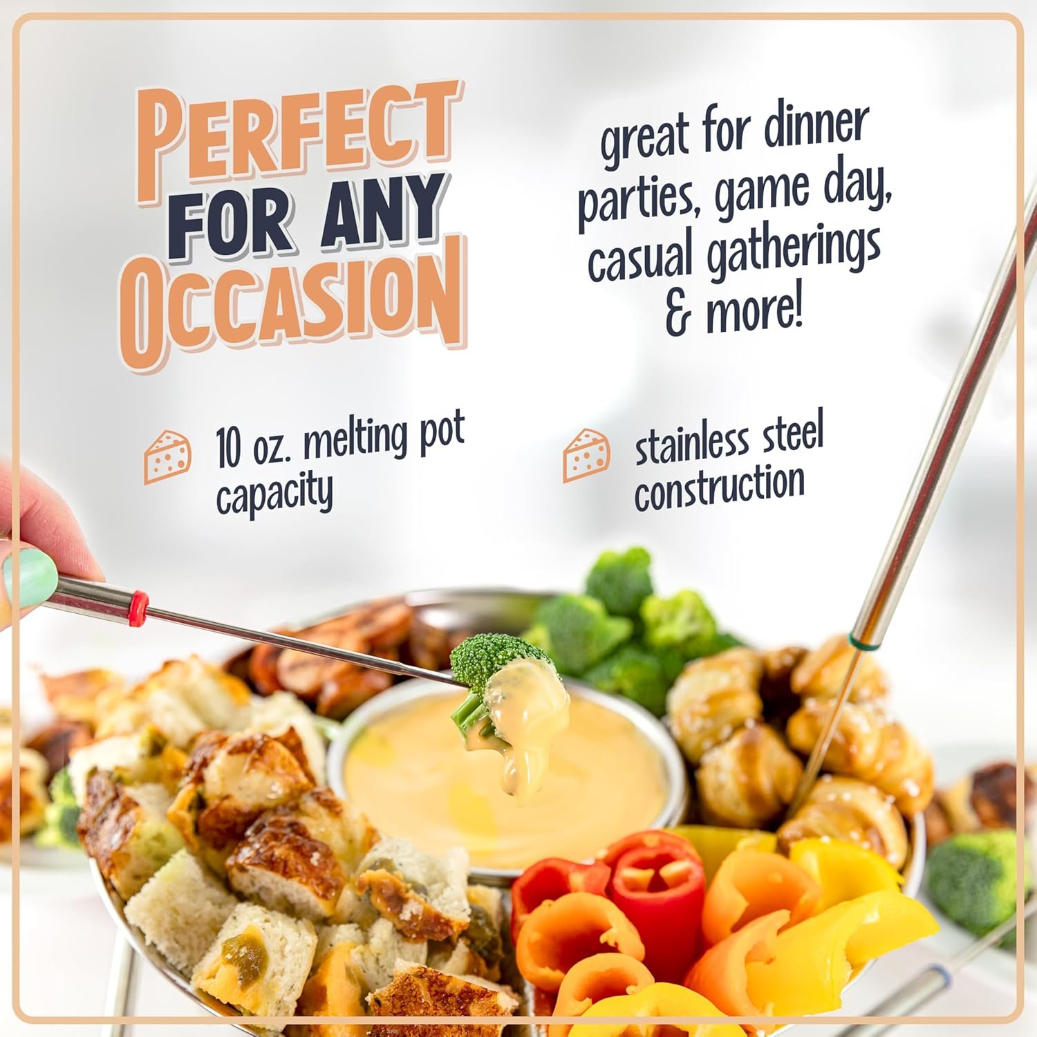 Nostalgia Juego de fondue eléctrico para fiestas, olla de fusión de 10 onzas, 4 tenedores para asar y bandeja desmontable para servir, queso derretido, chocolate o postre, perfecto para regalos - Imagen 11