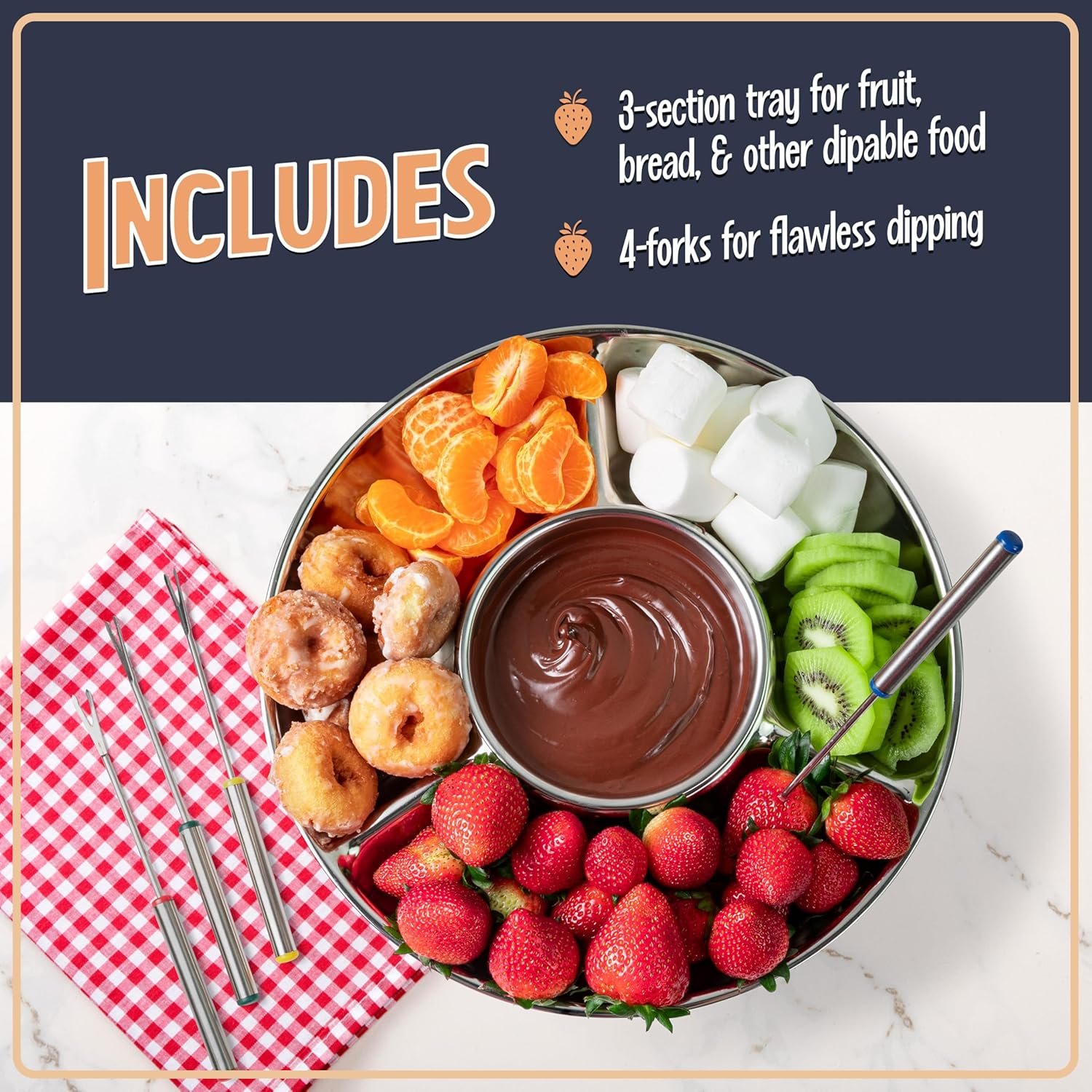 Nostalgia Juego de fondue eléctrico para fiestas, olla de fusión de 10 onzas, 4 tenedores para asar y bandeja desmontable para servir, queso derretido, chocolate o postre, perfecto para regalos - Imagen 12