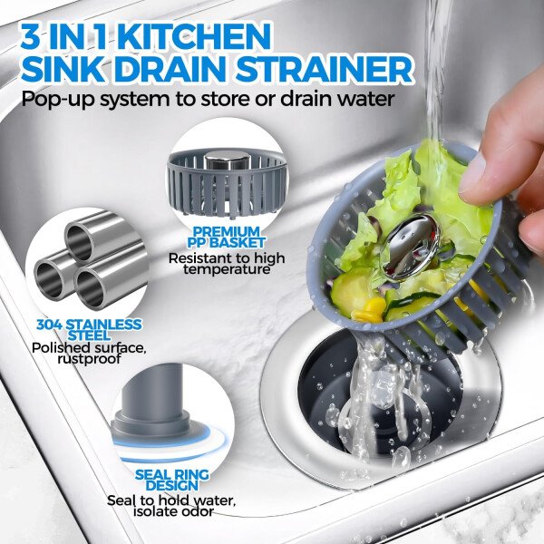 Colador de drenaje y tapón de fregadero de cocina 3 en 1 mejorado, piezas de instalación de enchufe de drenaje de cocina de acero inoxidable y fregadero con cesta antiobstrucción, se ajusta al - Imagen 2