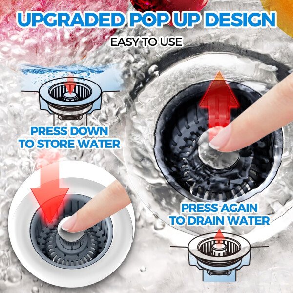 Colador de drenaje y tapón de fregadero de cocina 3 en 1 mejorado, piezas de instalación de enchufe de drenaje de cocina de acero inoxidable y fregadero con cesta antiobstrucción, se ajusta al - Imagen 3