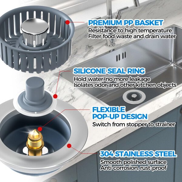 Colador de drenaje y tapón de fregadero de cocina 3 en 1 mejorado, piezas de instalación de enchufe de drenaje de cocina de acero inoxidable y fregadero con cesta antiobstrucción, se ajusta al - Imagen 6