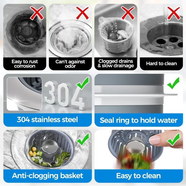 Colador de drenaje y tapón de fregadero de cocina 3 en 1 mejorado, piezas de instalación de enchufe de drenaje de cocina de acero inoxidable y fregadero con cesta antiobstrucción, se ajusta al - Imagen 7