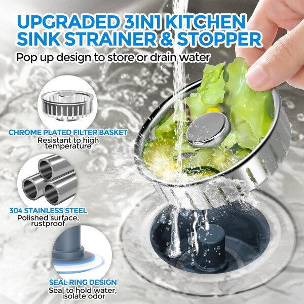 Colador de drenaje y tapón de fregadero de cocina 3 en 1 mejorado, piezas de instalación de enchufe de drenaje de cocina de acero inoxidable y fregadero con cesta antiobstrucción, se ajusta al - Imagen 9