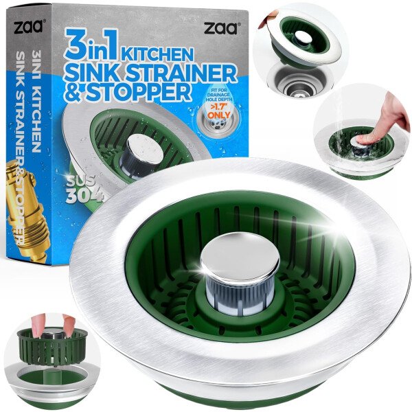 Colador de drenaje y tapón de fregadero de cocina 3 en 1 mejorado, piezas de instalación de enchufe de drenaje de cocina de acero inoxidable y fregadero con cesta antiobstrucción, se ajusta al - Imagen 15