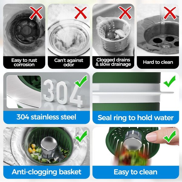 Colador de drenaje y tapón de fregadero de cocina 3 en 1 mejorado, piezas de instalación de enchufe de drenaje de cocina de acero inoxidable y fregadero con cesta antiobstrucción, se ajusta al - Imagen 21