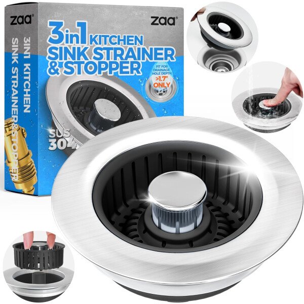 Colador de drenaje y tapón de fregadero de cocina 3 en 1 mejorado, piezas de instalación de enchufe de drenaje de cocina de acero inoxidable y fregadero con cesta antiobstrucción, se ajusta al - Imagen 29