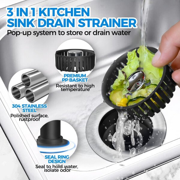Colador de drenaje y tapón de fregadero de cocina 3 en 1 mejorado, piezas de instalación de enchufe de drenaje de cocina de acero inoxidable y fregadero con cesta antiobstrucción, se ajusta al - Imagen 30