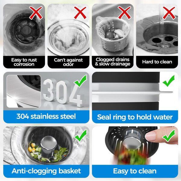 Colador de drenaje y tapón de fregadero de cocina 3 en 1 mejorado, piezas de instalación de enchufe de drenaje de cocina de acero inoxidable y fregadero con cesta antiobstrucción, se ajusta al - Imagen 35