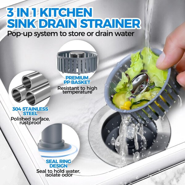 Colador de drenaje y tapón de fregadero de cocina 3 en 1 mejorado, piezas de instalación de enchufe de drenaje de cocina de acero inoxidable y fregadero con cesta antiobstrucción, se ajusta al - Imagen 37