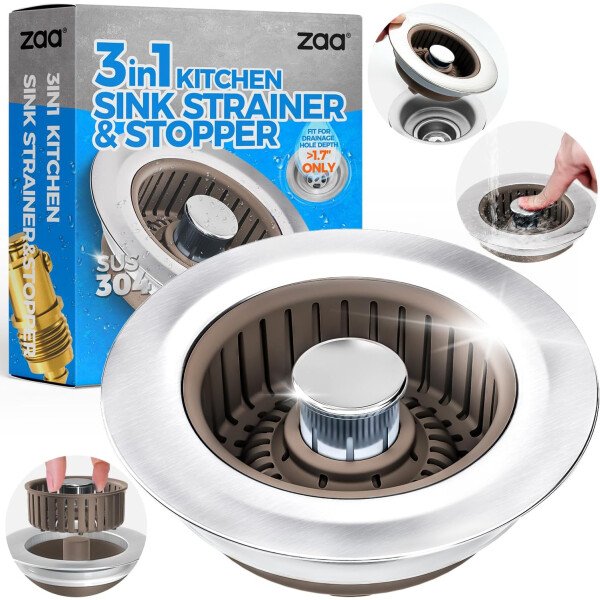 Colador de drenaje y tapón de fregadero de cocina 3 en 1 mejorado, piezas de instalación de enchufe de drenaje de cocina de acero inoxidable y fregadero con cesta antiobstrucción, se ajusta al - Imagen 45