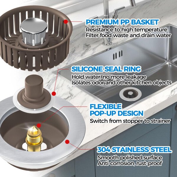 Colador de drenaje y tapón de fregadero de cocina 3 en 1 mejorado, piezas de instalación de enchufe de drenaje de cocina de acero inoxidable y fregadero con cesta antiobstrucción, se ajusta al - Imagen 49